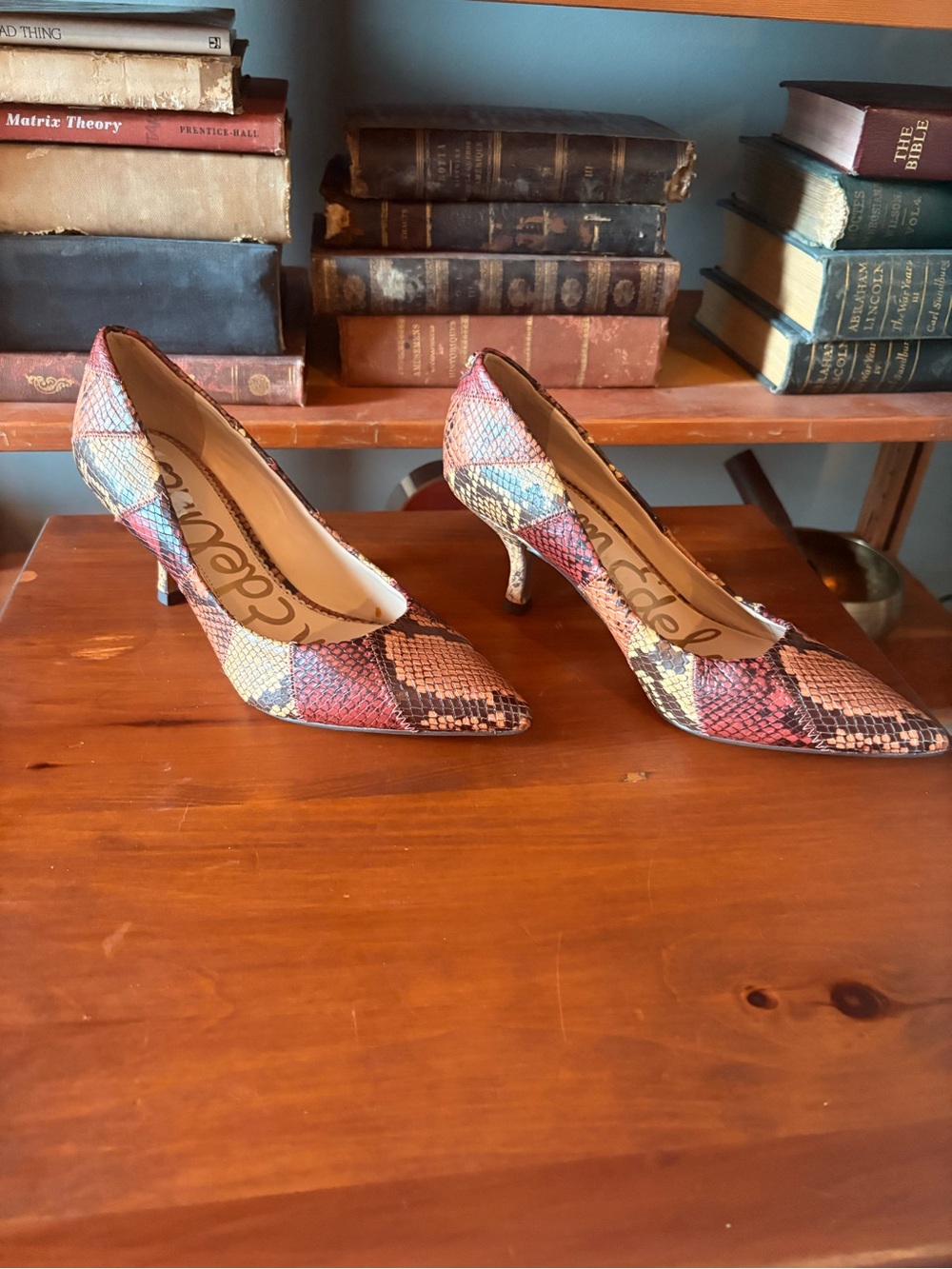 Sam Edelman Multicolor Snakeskin Kitten Heels in Red, Blue, Cream & Tan
